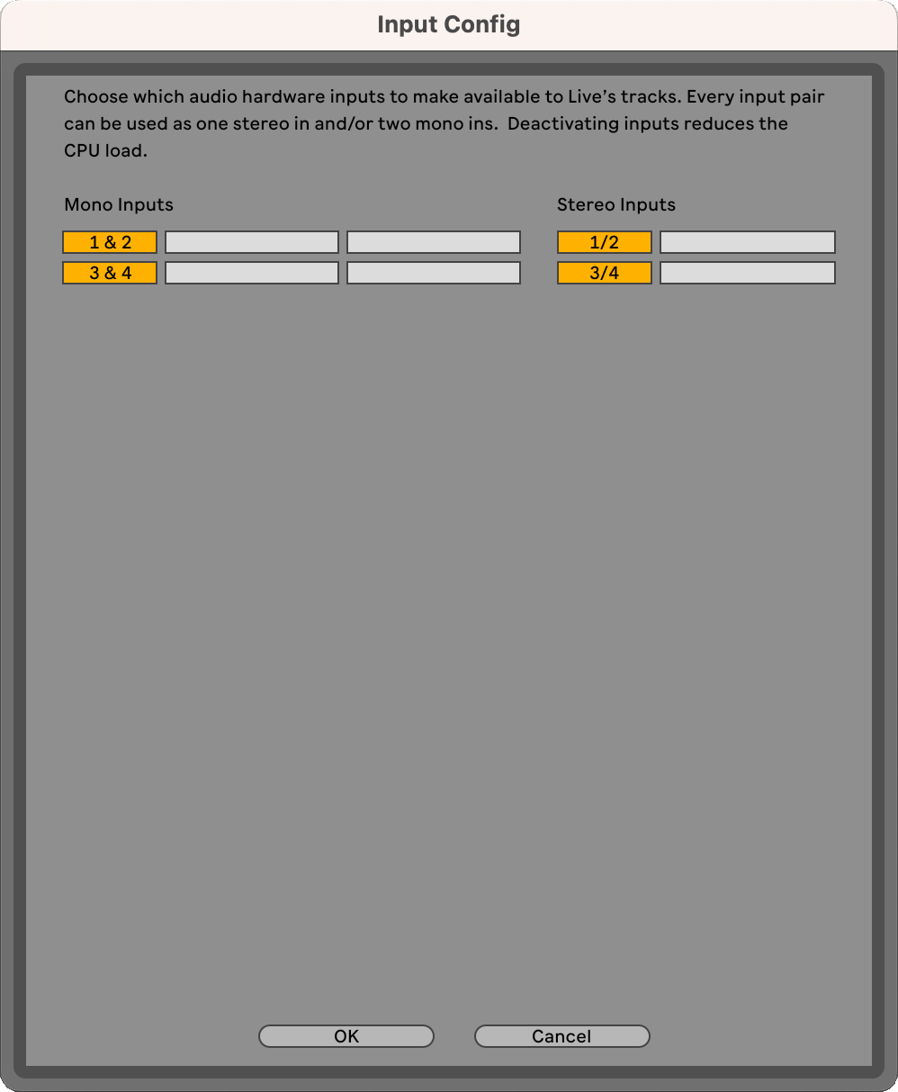 A screenshot of the Ableton Input Config window showing the Mono and Stereo inputs enabled.
