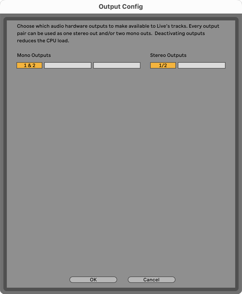 A screenshot of the Ableton Input Config window showing the Mono and Stereo inputs enabled.