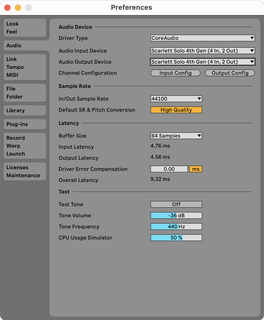 A screenshot of the Ableton preferences page with the Scarlett Solo 4th Gen selected as the Audio input and Output Device.