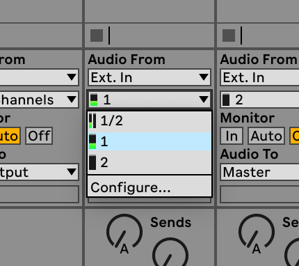 Ableton's 'Audio From' showing two inputs with input signal on channel 1.