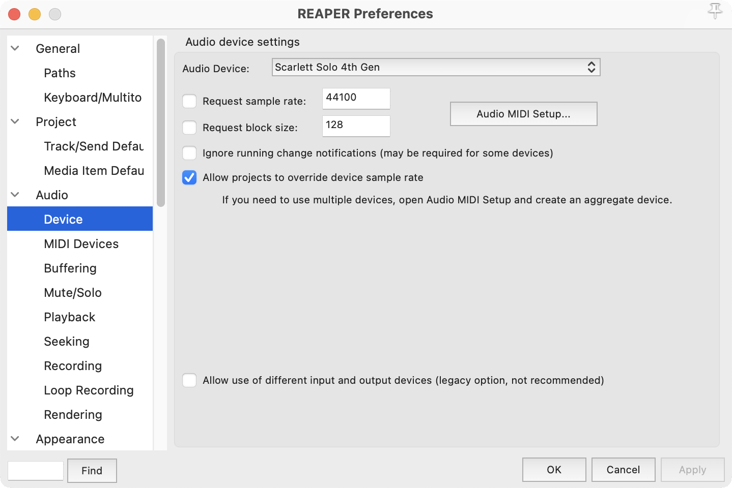 A screenshot of Reaper's audio preferences with Scarlett Solo 4th Gen selected.