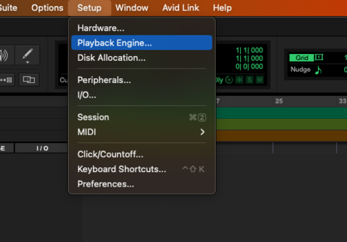 A screenshot of Pro Tool's Mac Setup > Playback Engine… menu item.