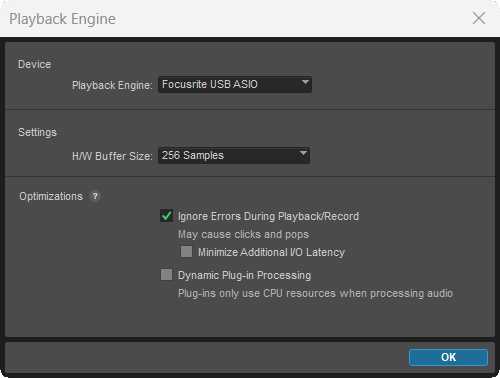 A screenshot of Pro Tool's Windows Playback Engine window with Focusrite USB ASIO selected.
