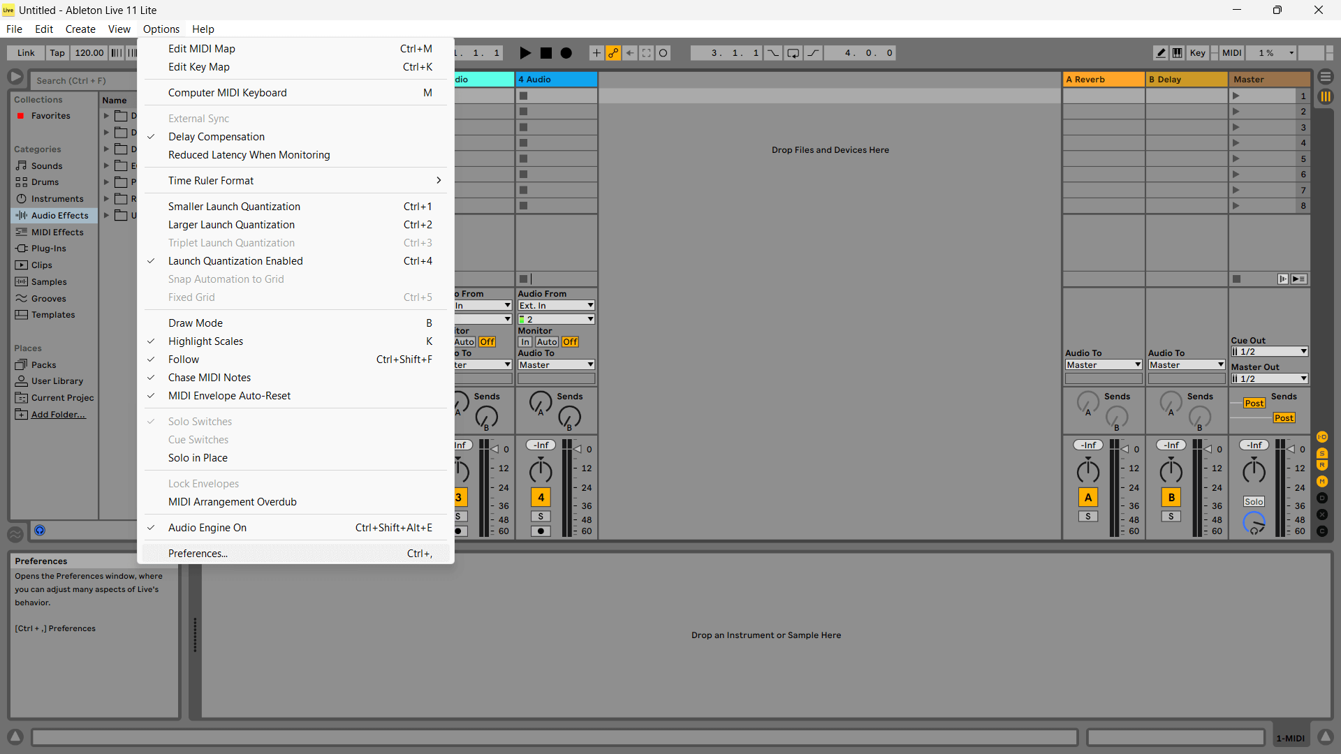 Ableton Options menu showing the preferences option.