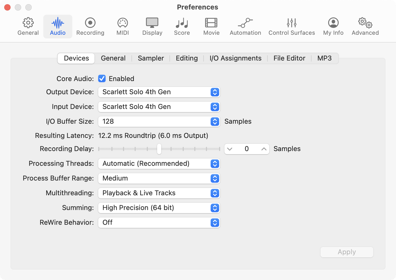 A screenshot of Logic's audio settings with Scarlett Solo 4th Gen selected as the Output and Input device.