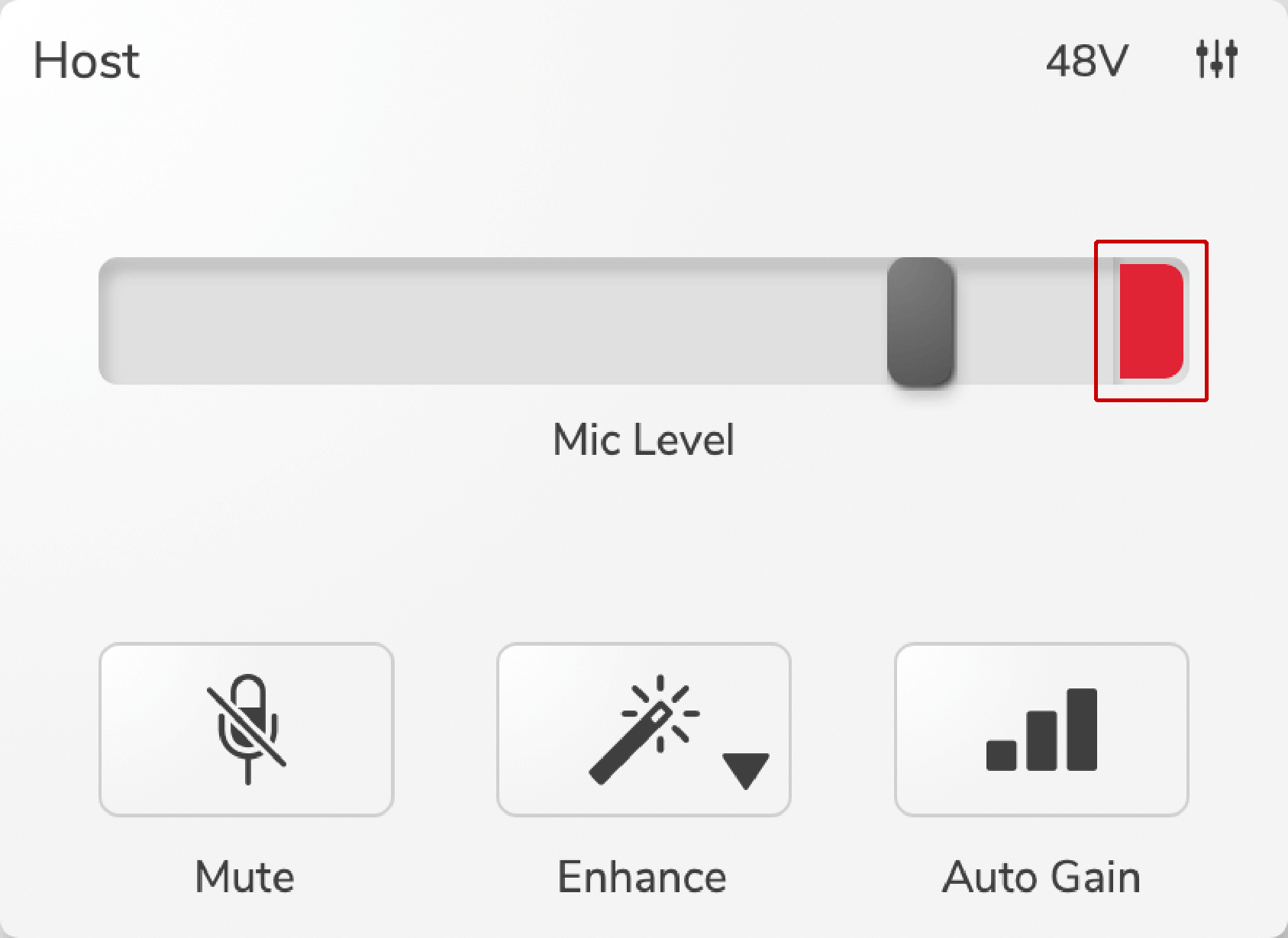 Vocaster Hub's Host input panel with the red clip indicator lit and annotated.