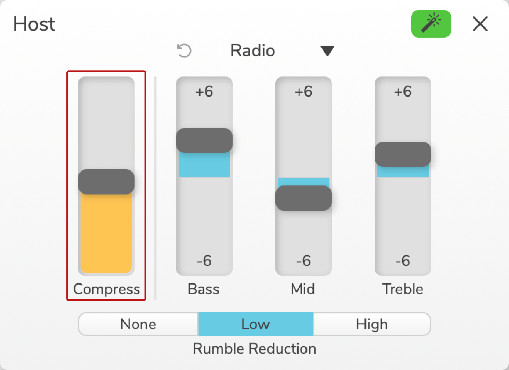 Vocaster Hub's Enhance edit page with the Compress slider annotated.