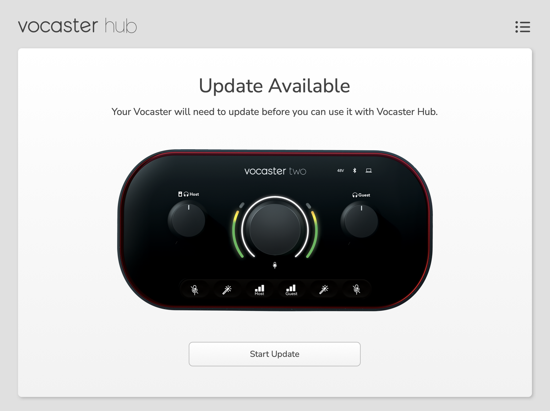 Vocaster Hub's Firmware update available prompt.