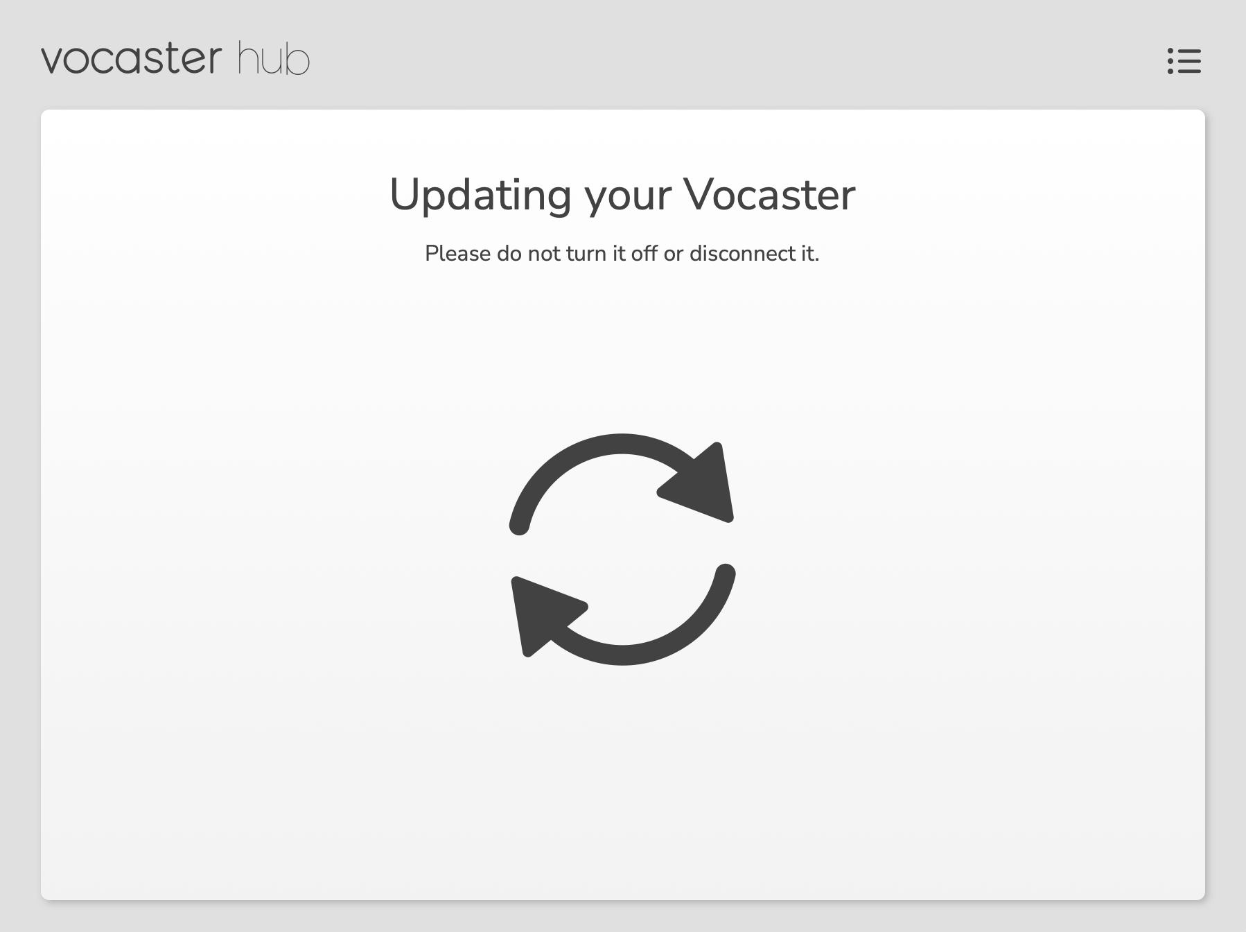 Vocaster Hub's Update in progress window.