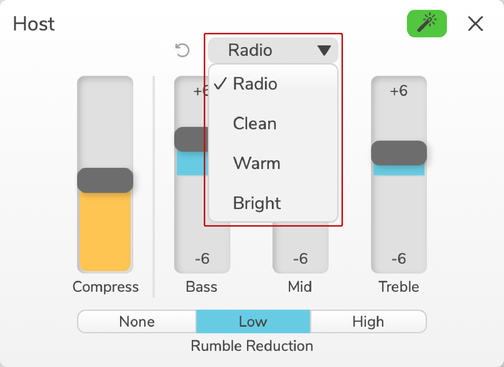 Vocaster Hub's Enhance edit panel with the preset dropdown open and annotated.