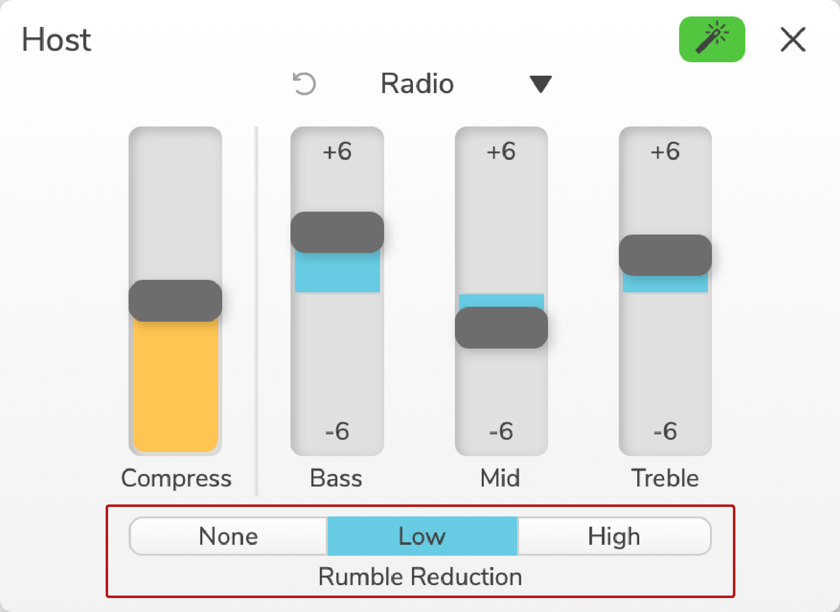 Vocaster Hub's Enhance Edit panel with the Rumble Reduction section annotated.