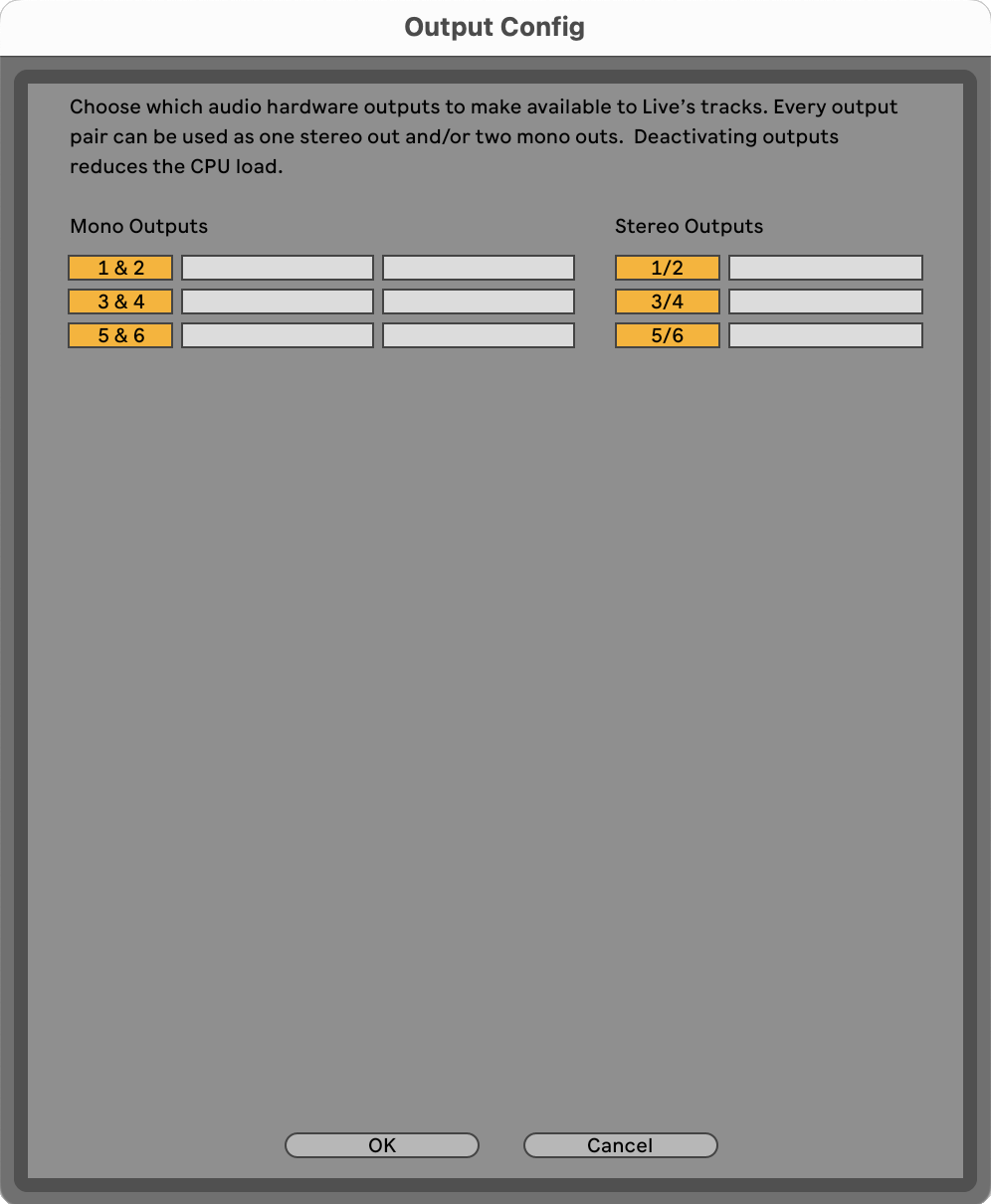 A screenshot of the Ableton Input Config window showing the Mono and Stereo inputs enabled.