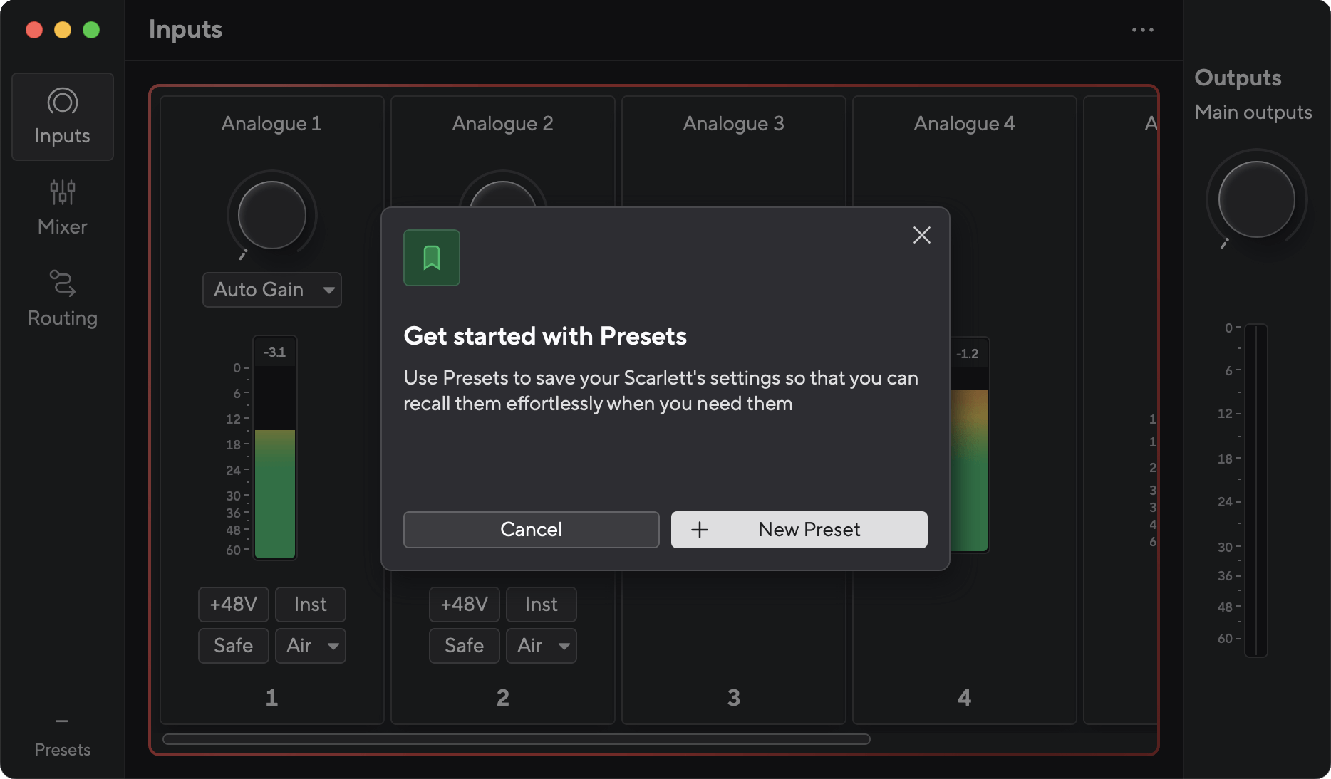 A screenshot of Focusrite Control 2 with the Get started with Presets pop-up box open.