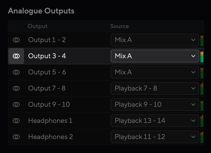 A screenshot of two channels in stereo before splitting to mono in Focusrite Control 2's Routing tab.