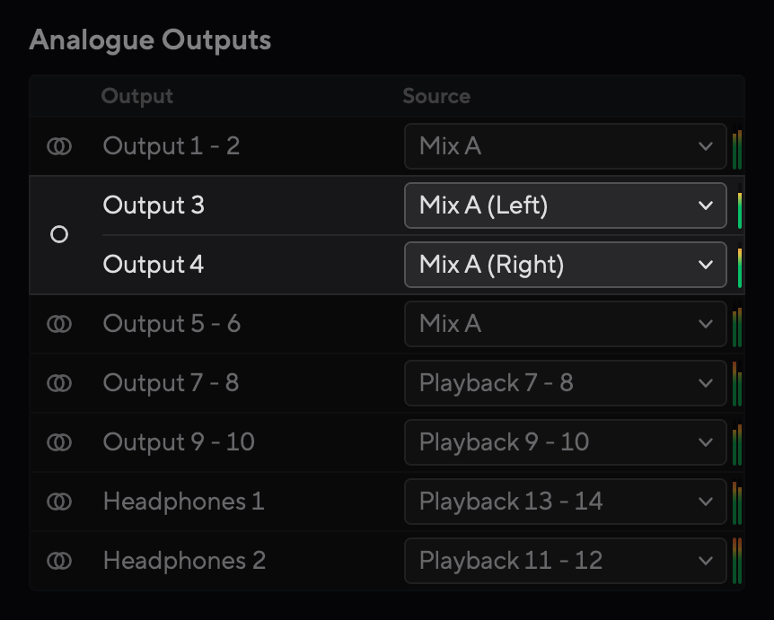 A screenshot of two channels split to mono in Focusrite Control 2's Routing tab.