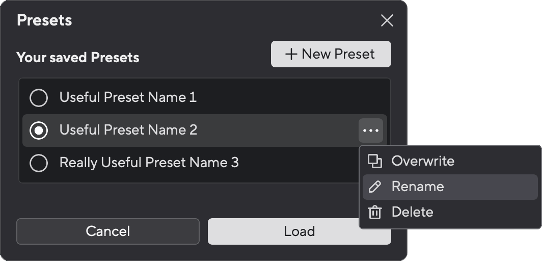 A screenshot of Focusrite Control 2's Rename a preset button.