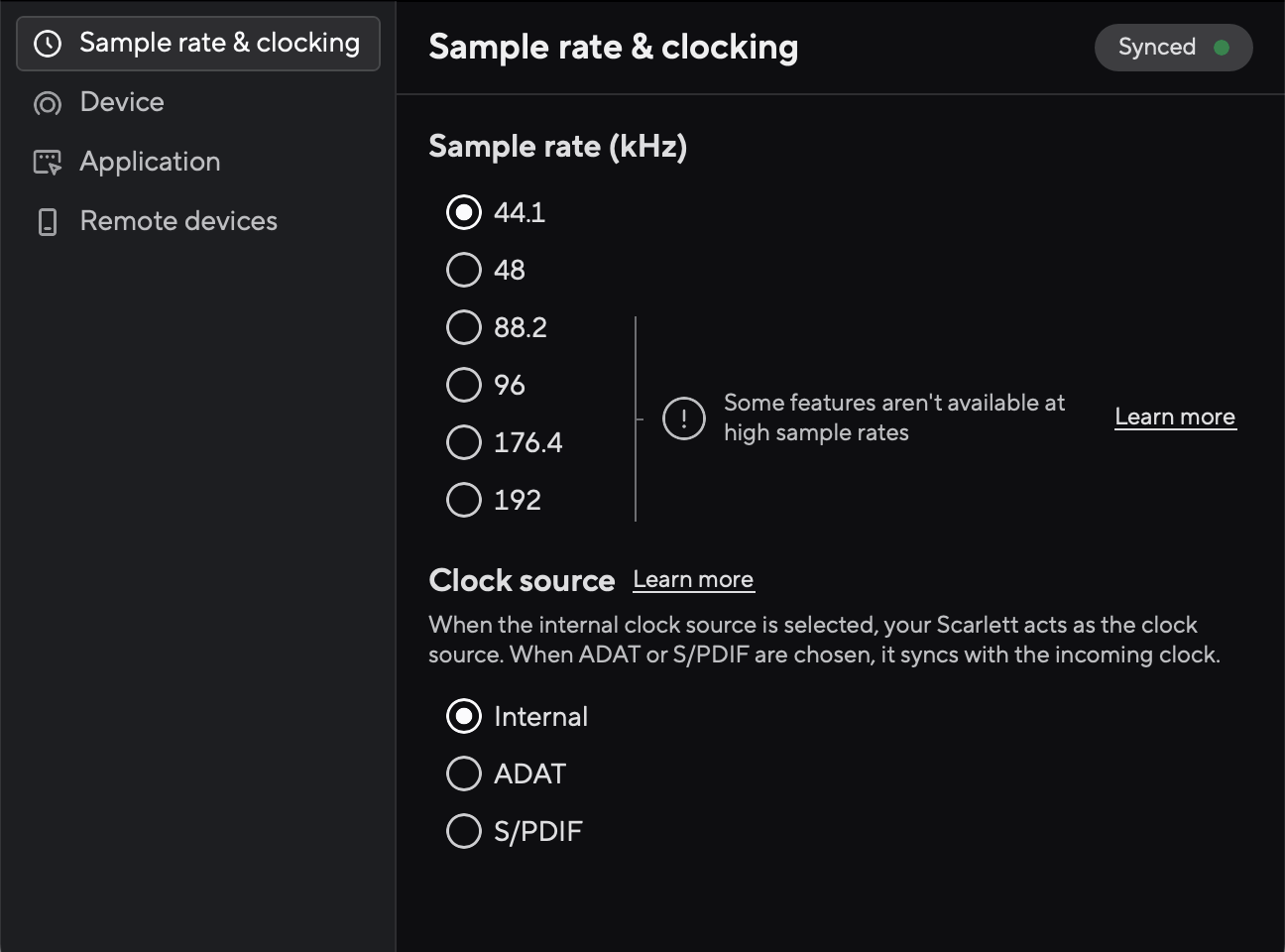 A screenshot of Focusrite Control 2's settings tab.