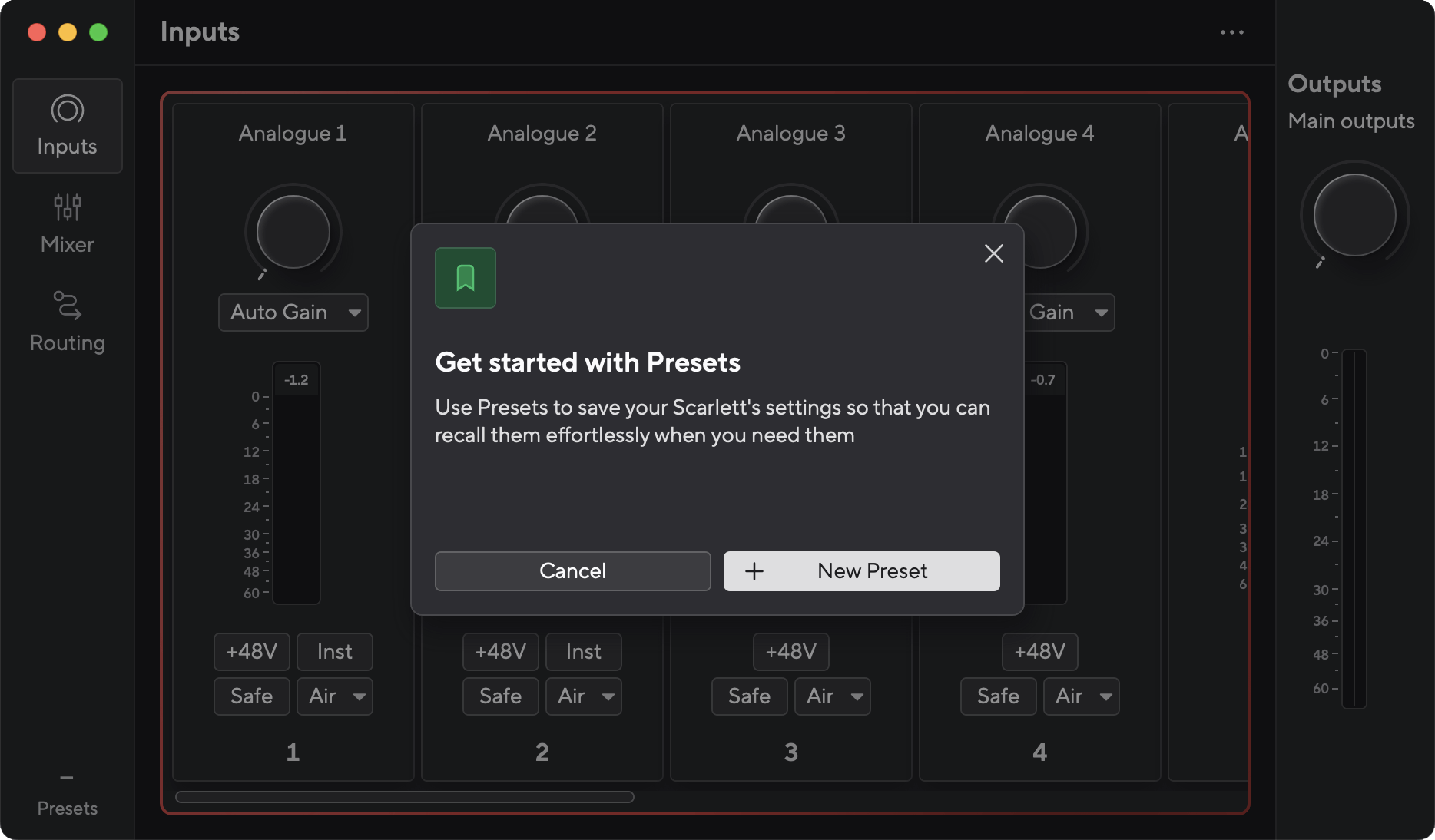 A screenshot of Focusrite Control 2 with the Get started with Presets pop-up box open.