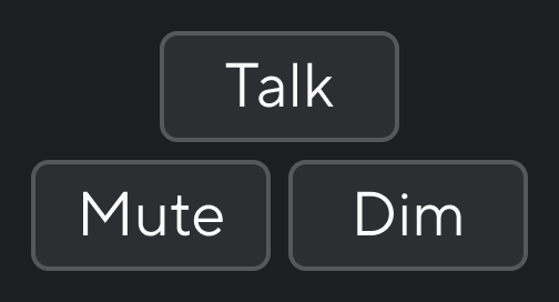 A screenshot of Focusrite Control 2's Talk, Mute, and Dim buttons.