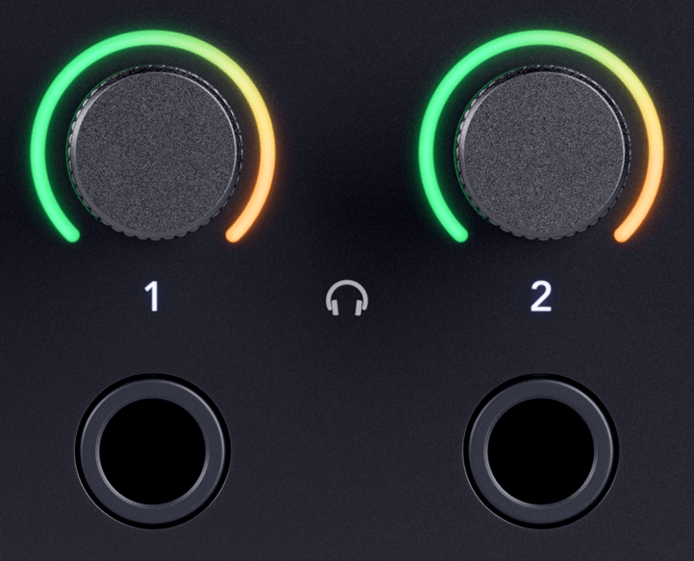 A cutout of the two headphone outputs and encoders on the right-hand side of the Scarlett's front panel. You can also adjust the headphone output level in Focusrite Control 2.
