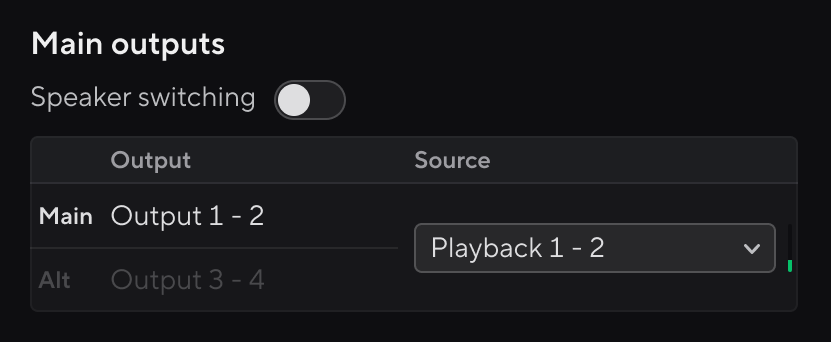 A screenshot of the Speaker switching section in Focusrite Control 2's Routing tab.