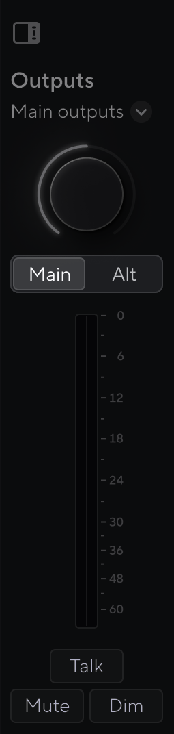 Focusrite Control 2's Output section with the Main/Alt toggle below the output level highlighted.