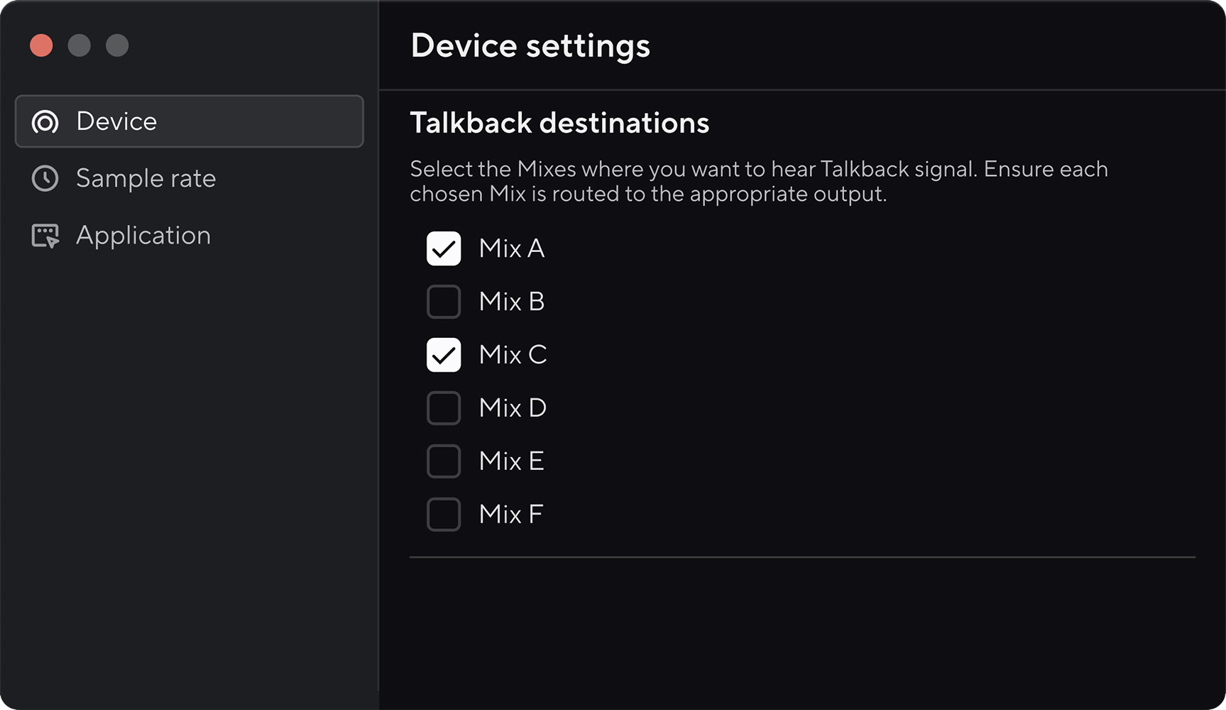 A screenshot Talkback destinations in Focusrite Control 2's settings tab.