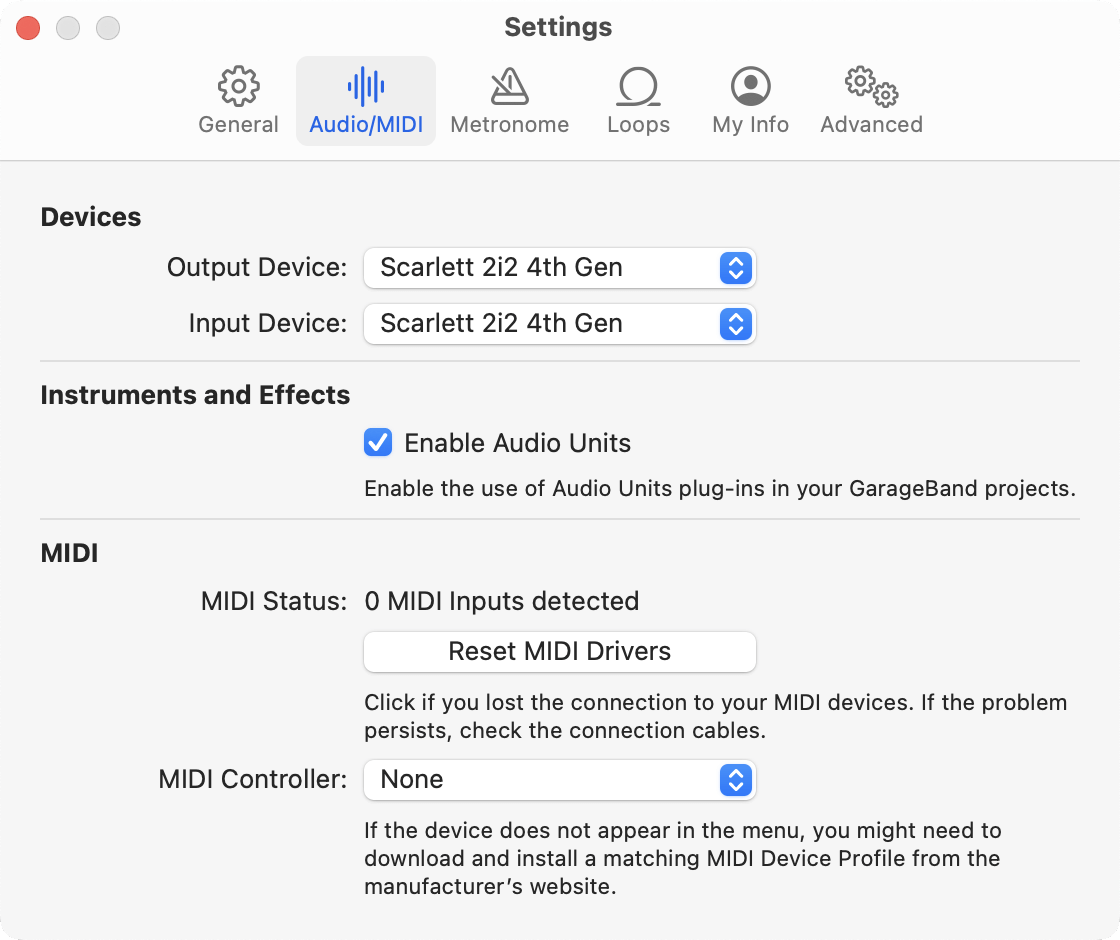 A screenshot of GarageBand's audio settings with Scarlett 2i2 4th Gen selected as the Output and Input device.
