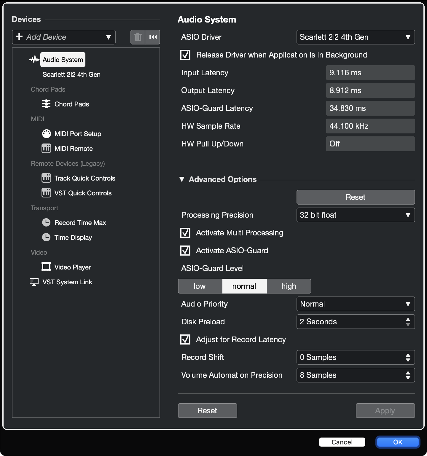 A screenshot of Cubase's Studio Setup window with Scarlett 2i2 4th Gen selected as the ASIO Driver.