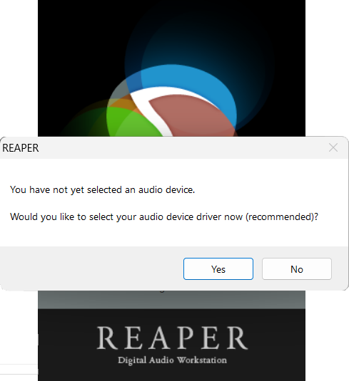 Reaper initial pop-up to select an audio device.