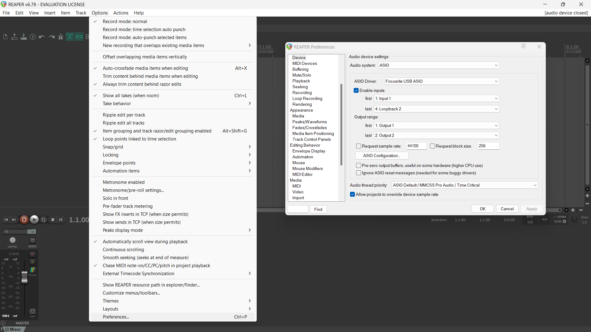 Reaper Options menu and preference page.