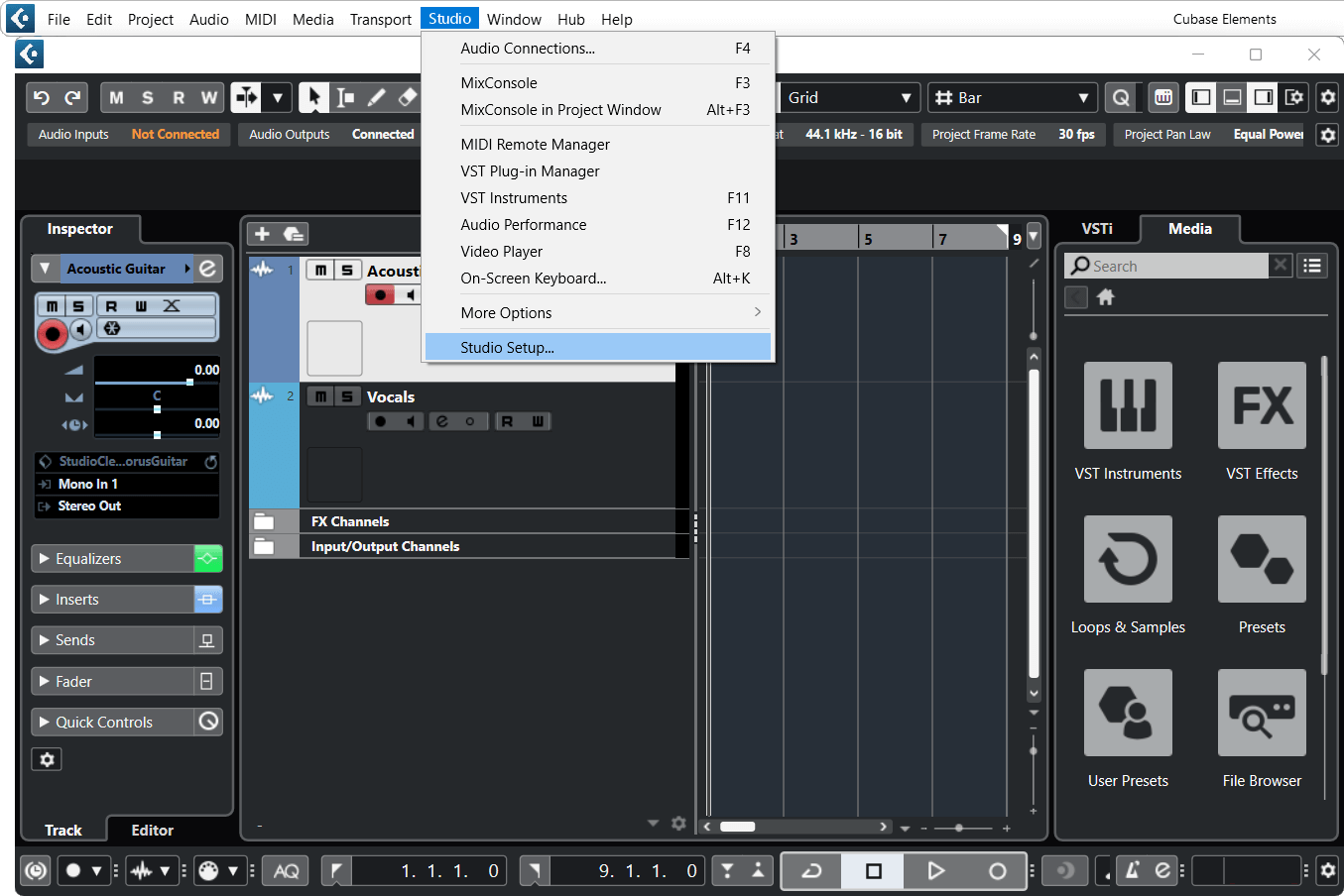 A screenshot of Cubase's Studio menu with Studio Setup… selected.