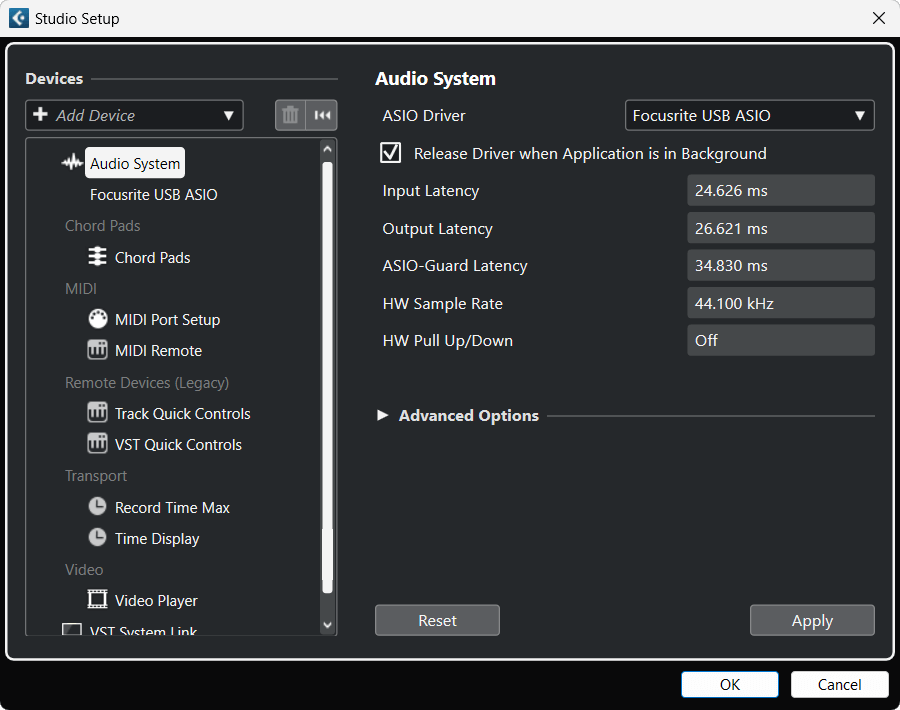A screenshot of Cubase's Studio Setup window with Focusrite USB ASIO selected as the ASIO Driver.