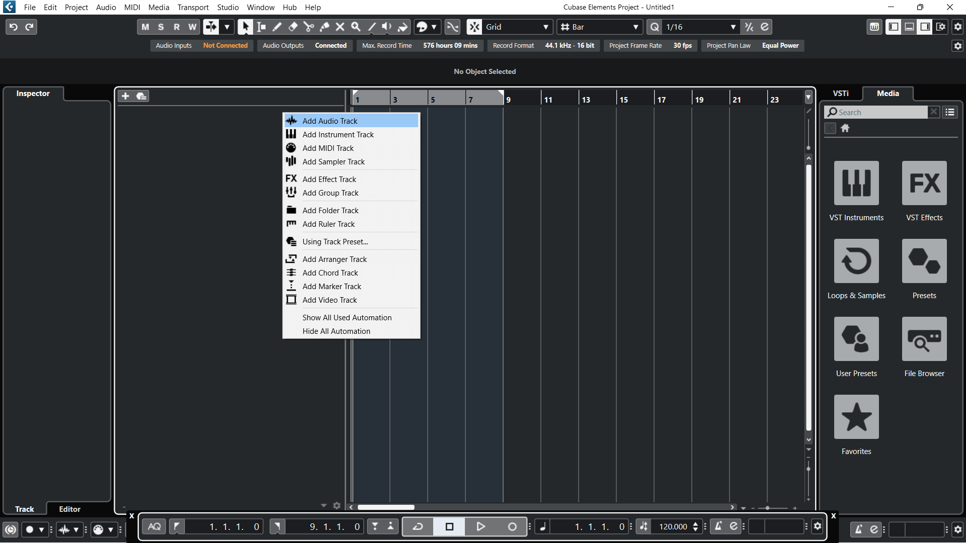 A screenshot of Cubase's Add Audio Track.