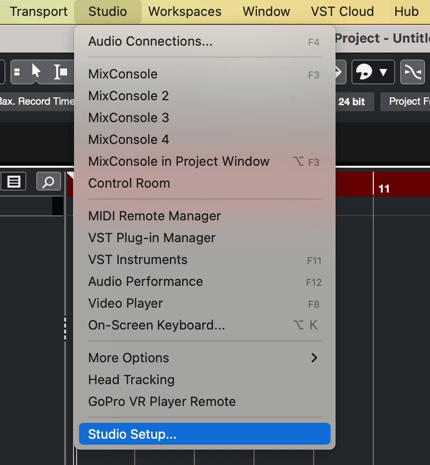 A screenshot of Cubase's Studio menu with Studio Setup… highlighted.