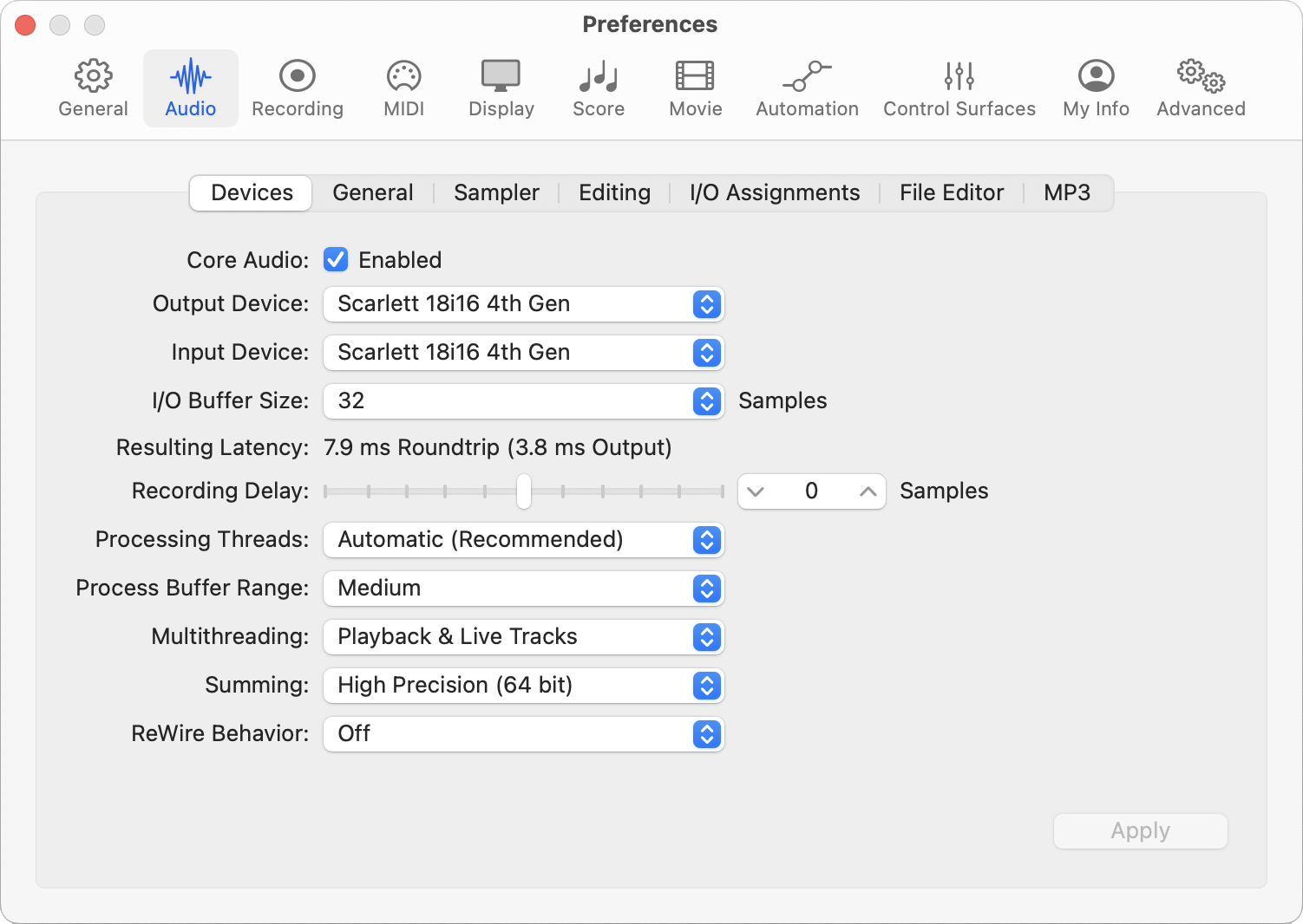 A screenshot of Logic Pro's Audio Settings window with the Scarlett selected as the Input/output device.
