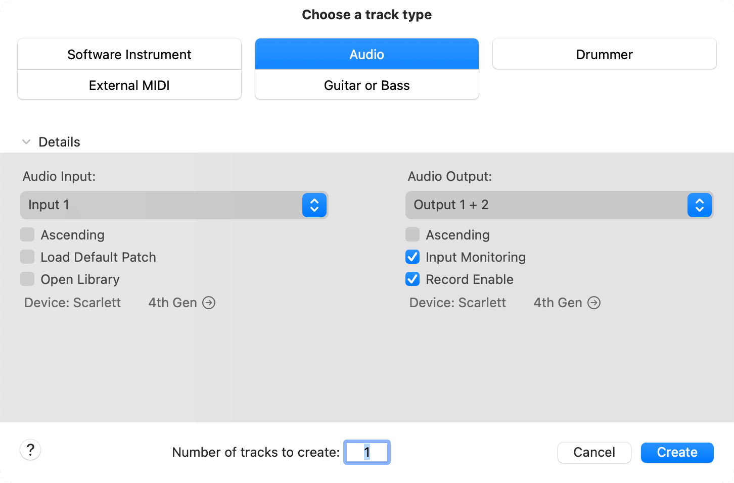 Logic Pro Choose a track type dialogue window.