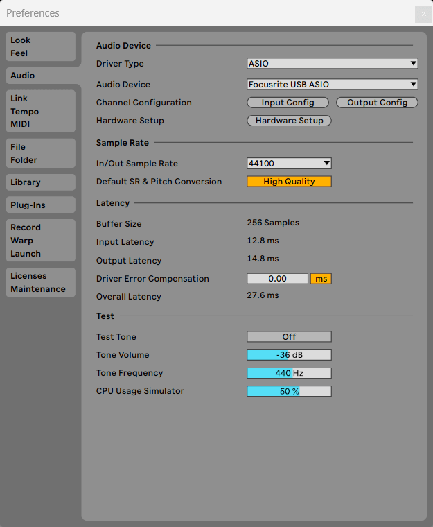 The Ableton Preferences window with Focusrite USB ASIO selected as the Audio Device.