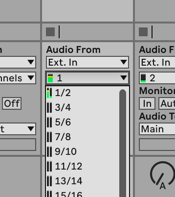 A screenshot of Ableton Live's External In dropdown with 16 channels visible.