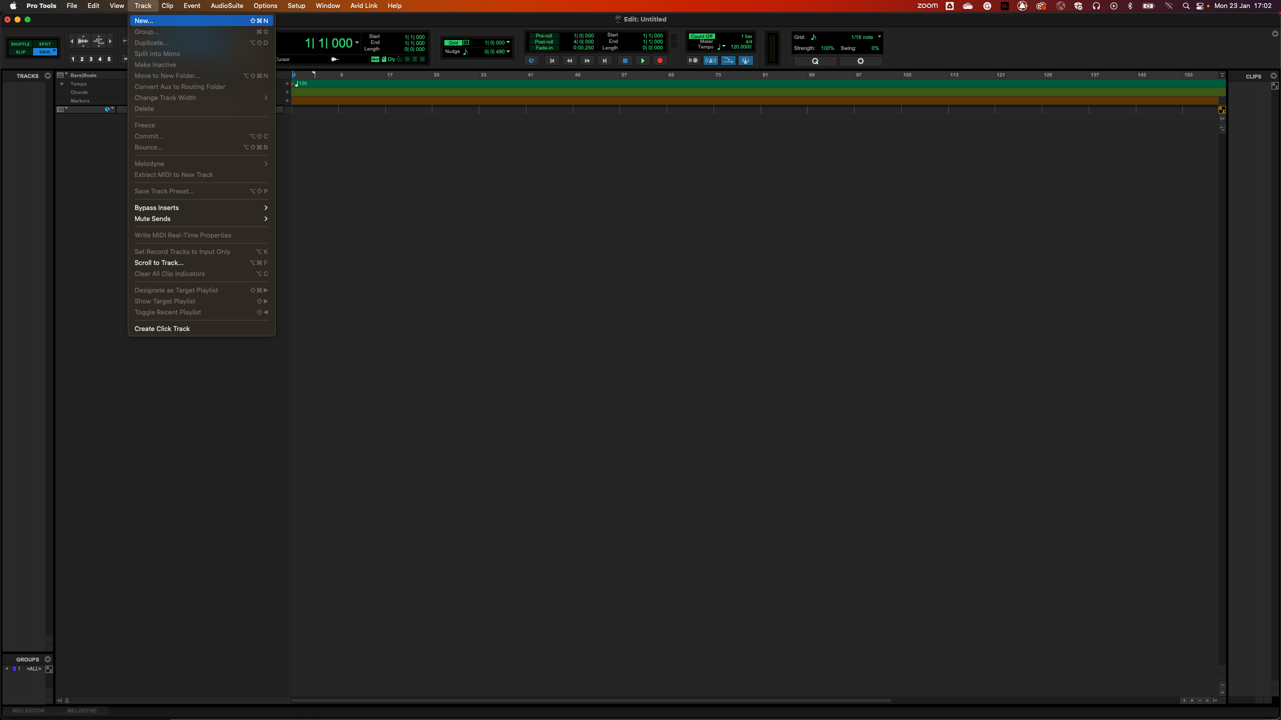 A screenshot of Pro Tool's Track > New menu item.