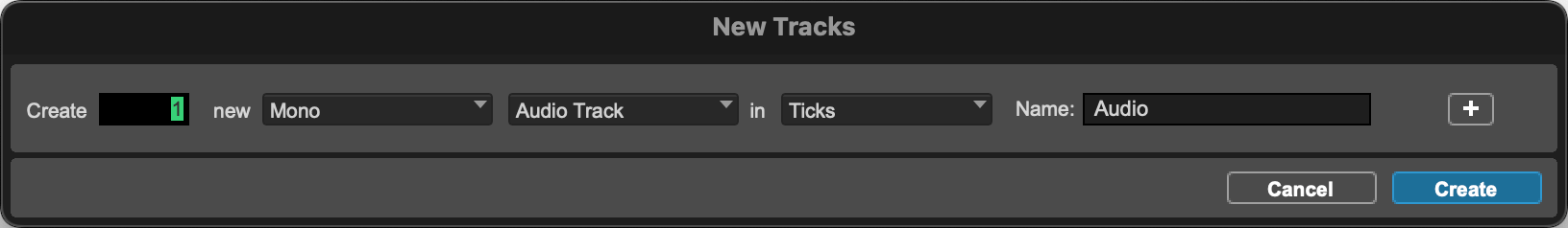 A screenshot of Pro Tool's create new track pop-up.