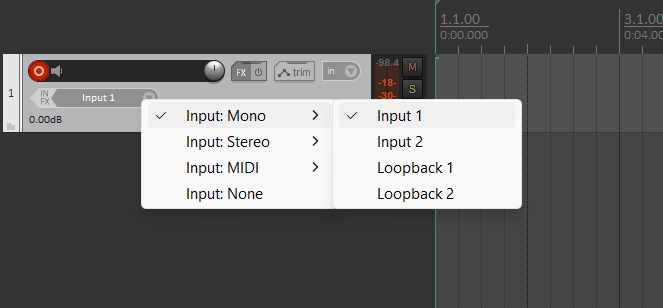 Selecting an input in Reaper using the In dropdown menu.