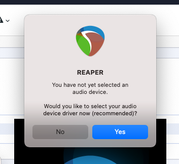 Reaper initial pop-up to select an audio device.