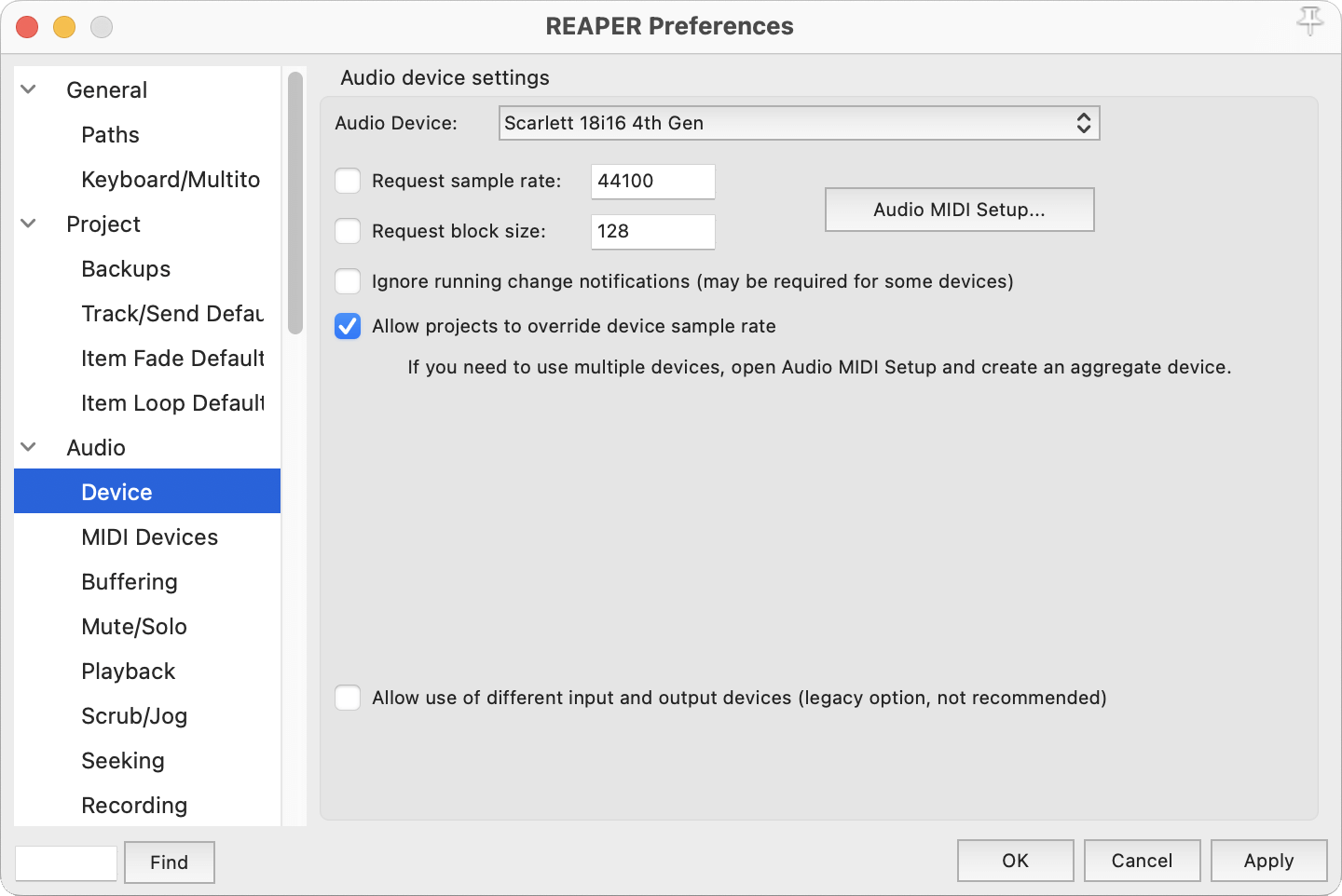 A screenshot of Reaper's audio preferences with Scarlett selected.