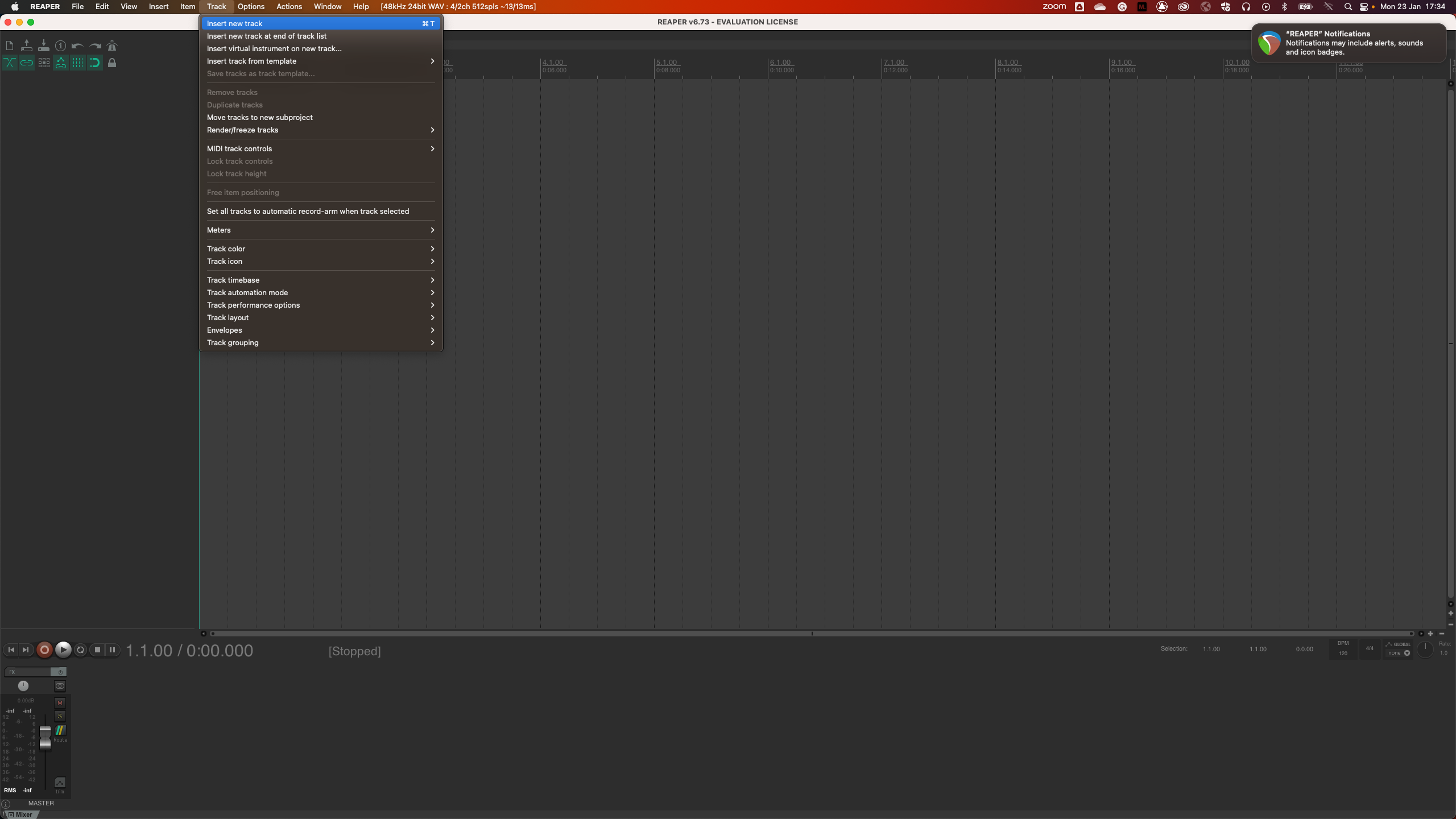 Inserting a new track in Reaper using the Track menu.