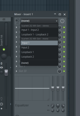 A screenshot of FL Studio's input selection with input 1 selected.