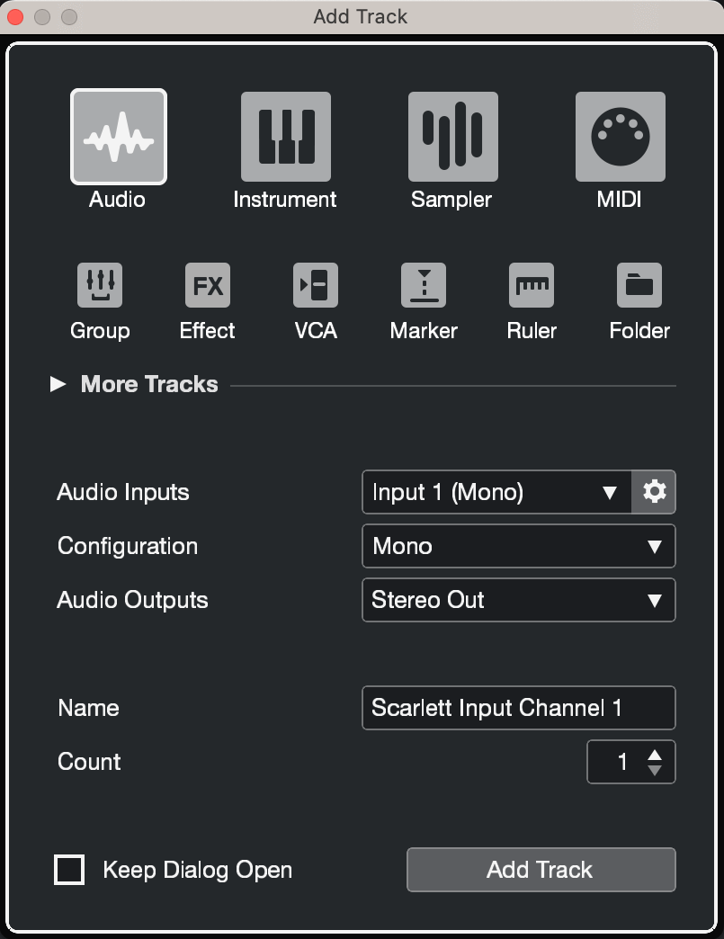 A screenshot of Cubase's Add Track dialogue window.