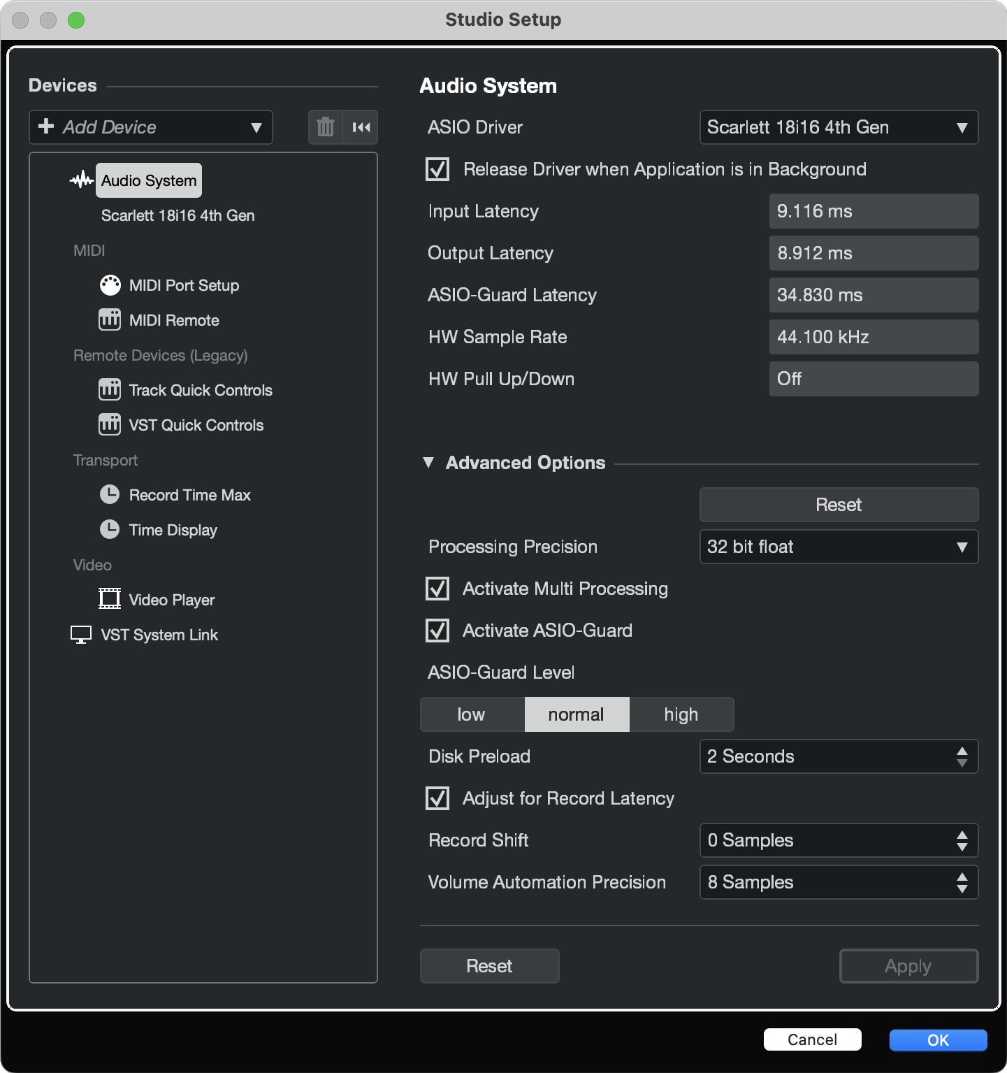 A screenshot of Cubase's Studio setup window with the Scarlett selected as the ASIO driver