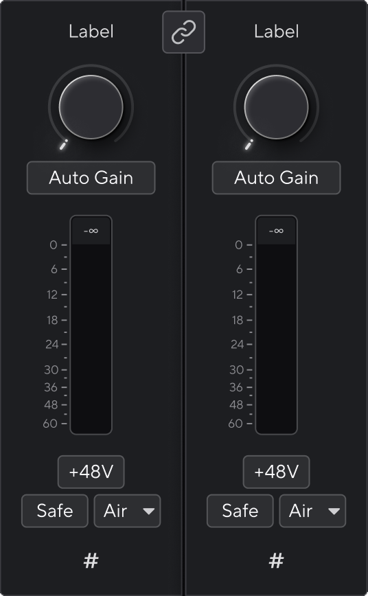 A screenshot of Focusrite Control 2 with two unlinked channels.