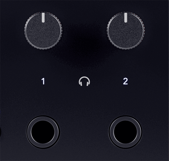 A cutout of the two headphone outputs and dials on the right-hand side of the Scarlett's front panel.
